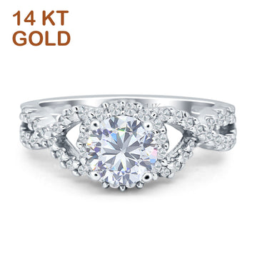 14K White Gold Halo Split Shank Twisted Ring Round Cubic Zirconia Wholesale